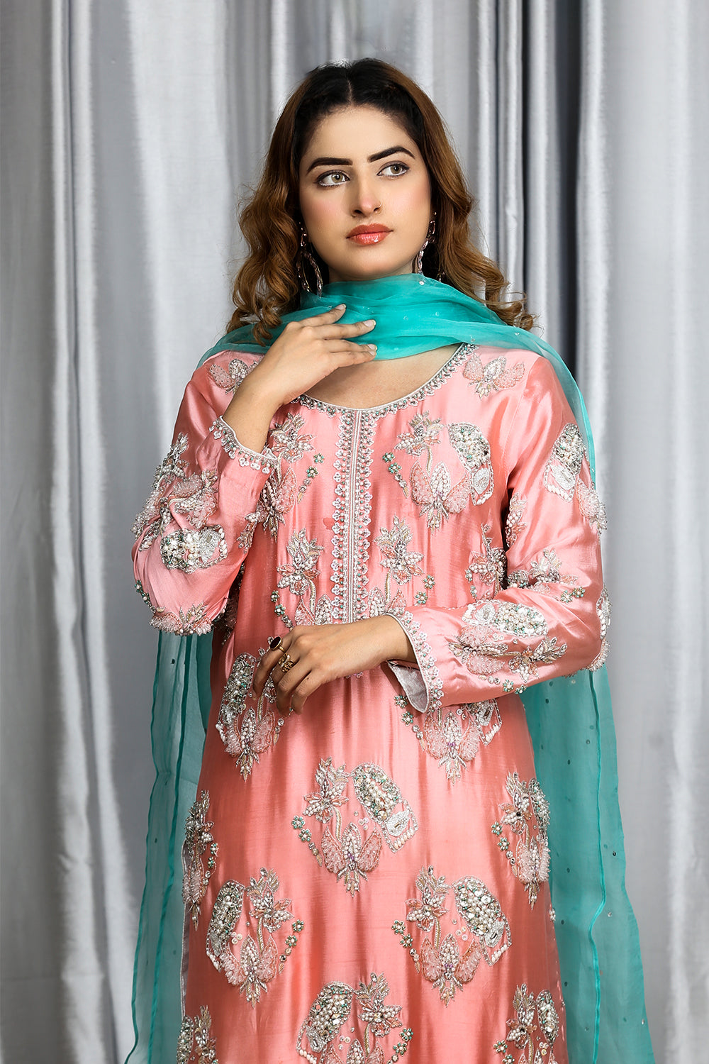 PEACH PUNCH – LUXURY EMBELLISHED TISSUE SILK OUTFIT